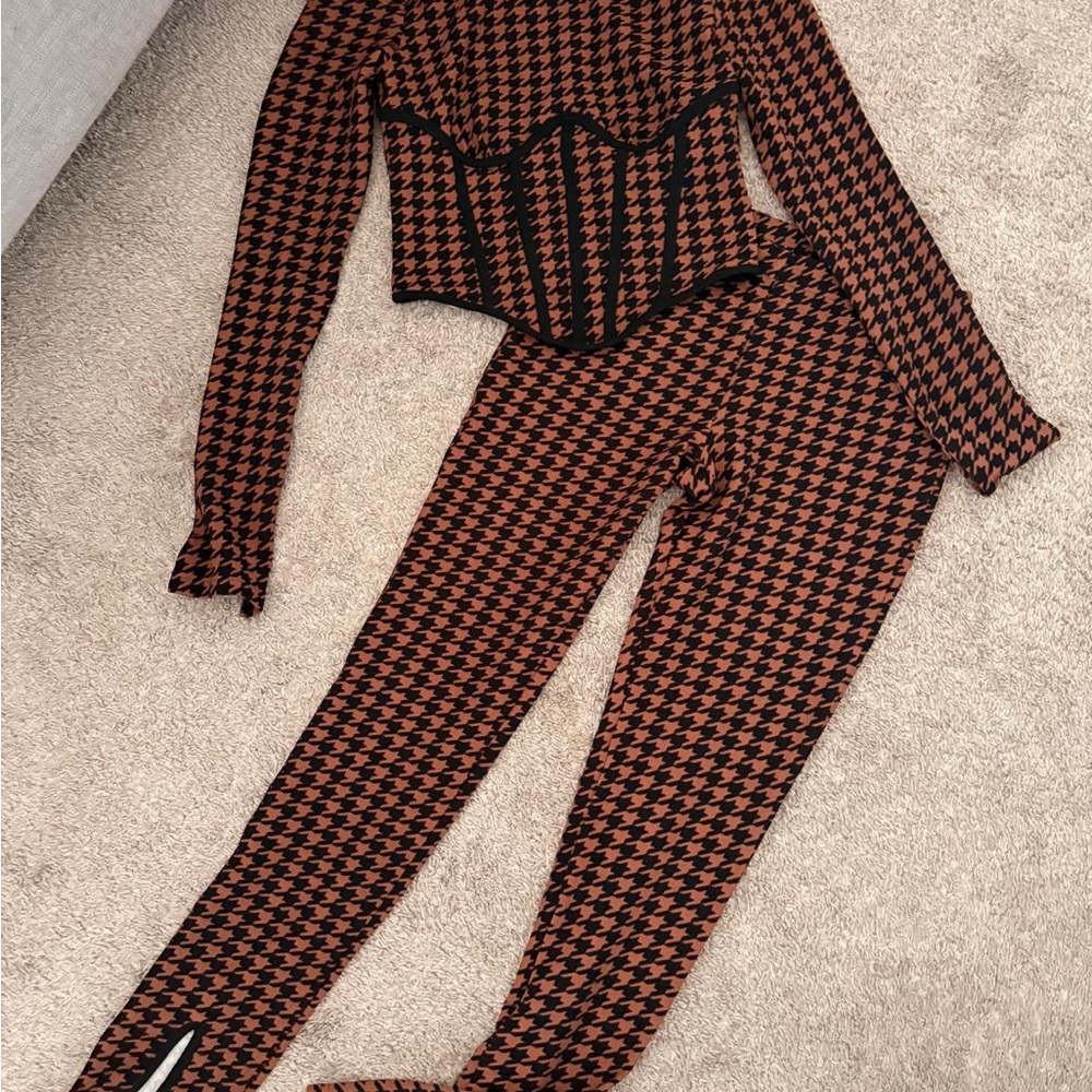 Houndstooth Corset Top & Legging Set - Black & Brown